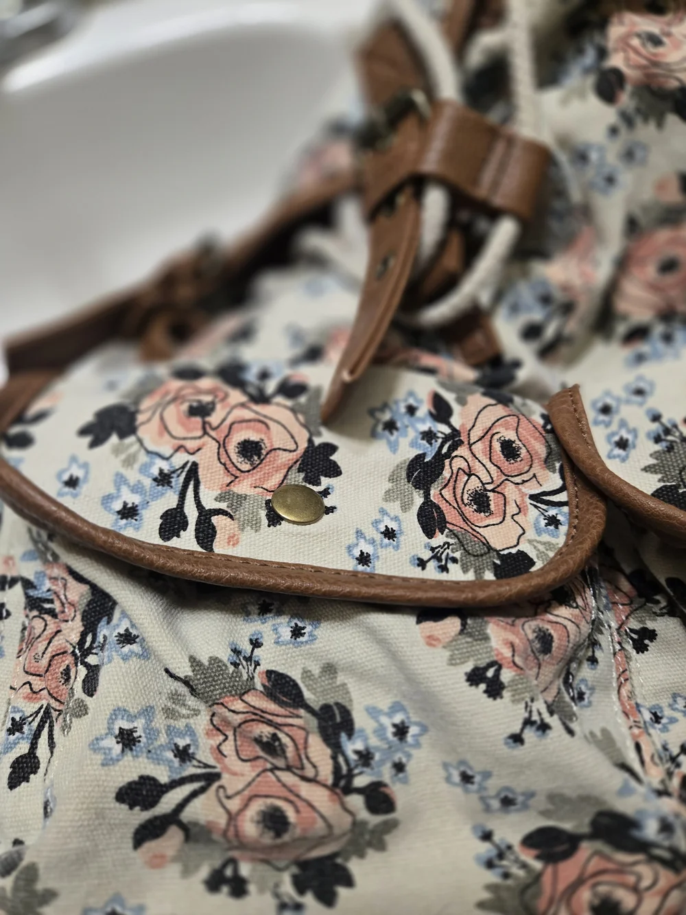 Kenox Brand Floral Canvas Drawstring Backpack with Brown Trim